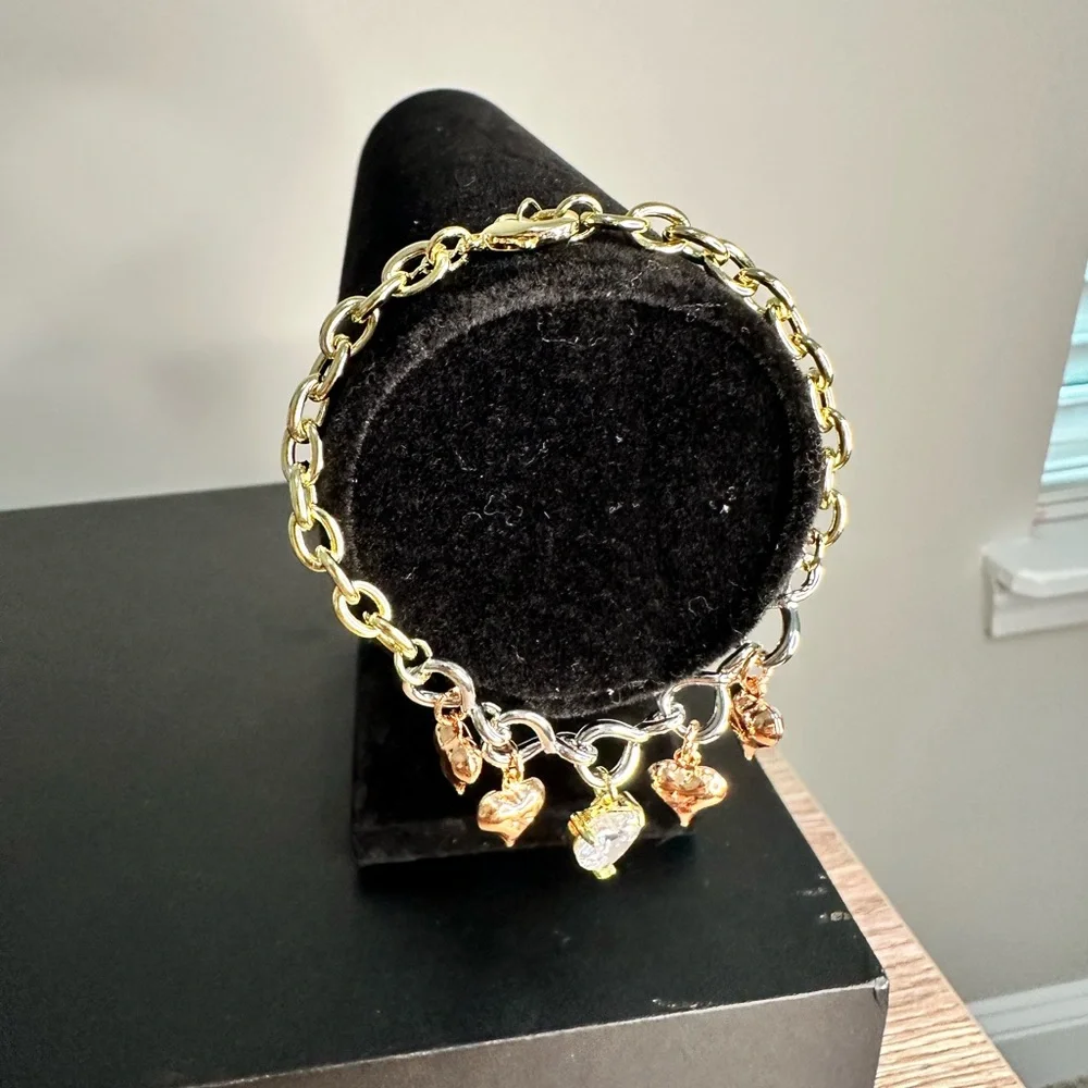 White Yellow & Rose Gold Crystal Heart Charm Bracelet